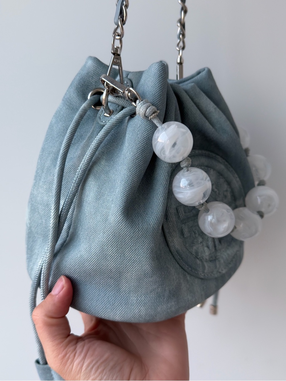 Light Blue Mini Drawstring Bucket Bag with Pearl-Style Handle - Picture 10 of 10